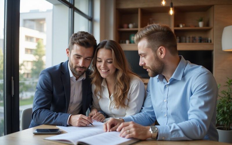 First home buyer couple reviewing property with buyers agent