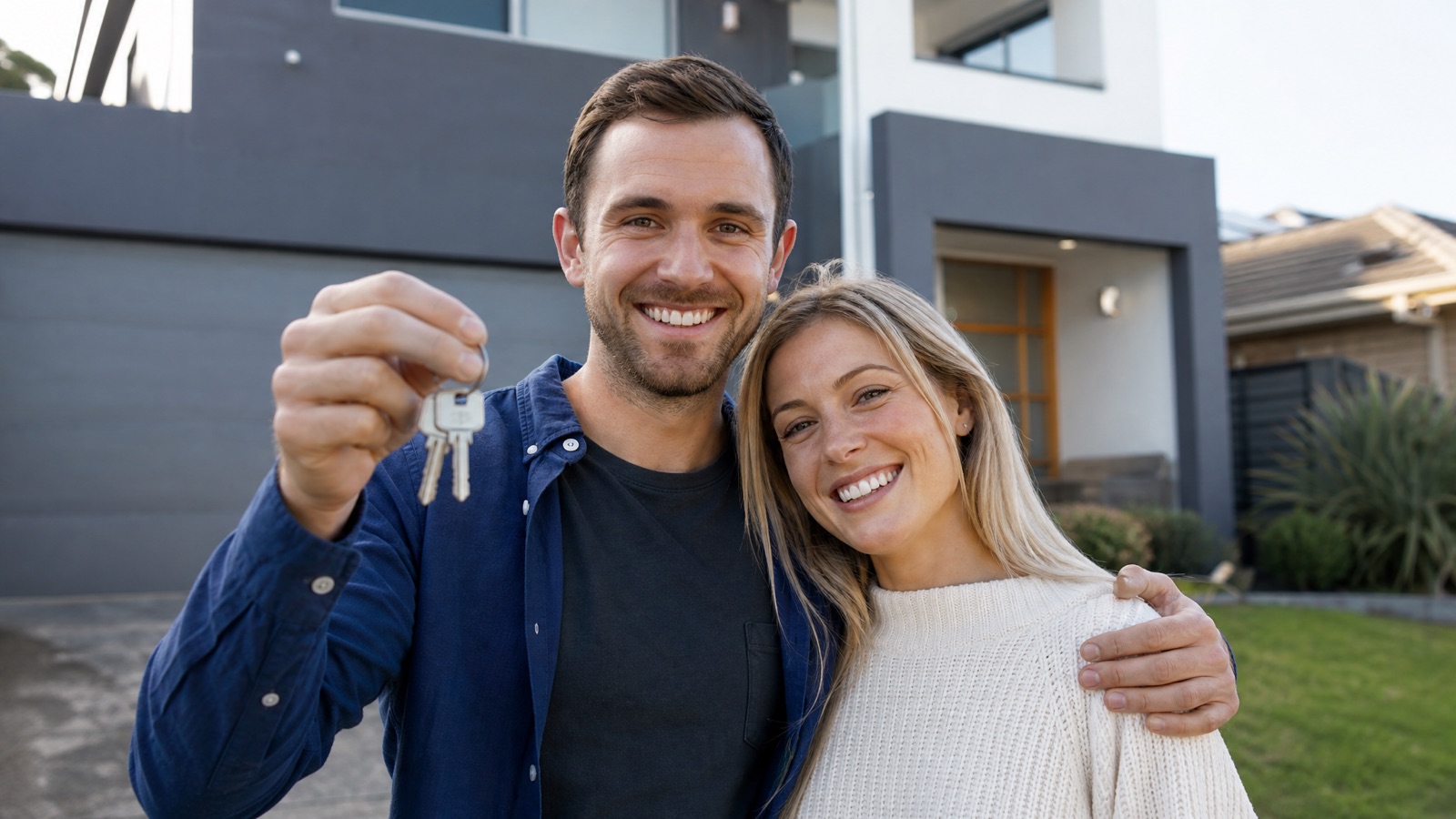 Happy couple receiving keys to first home