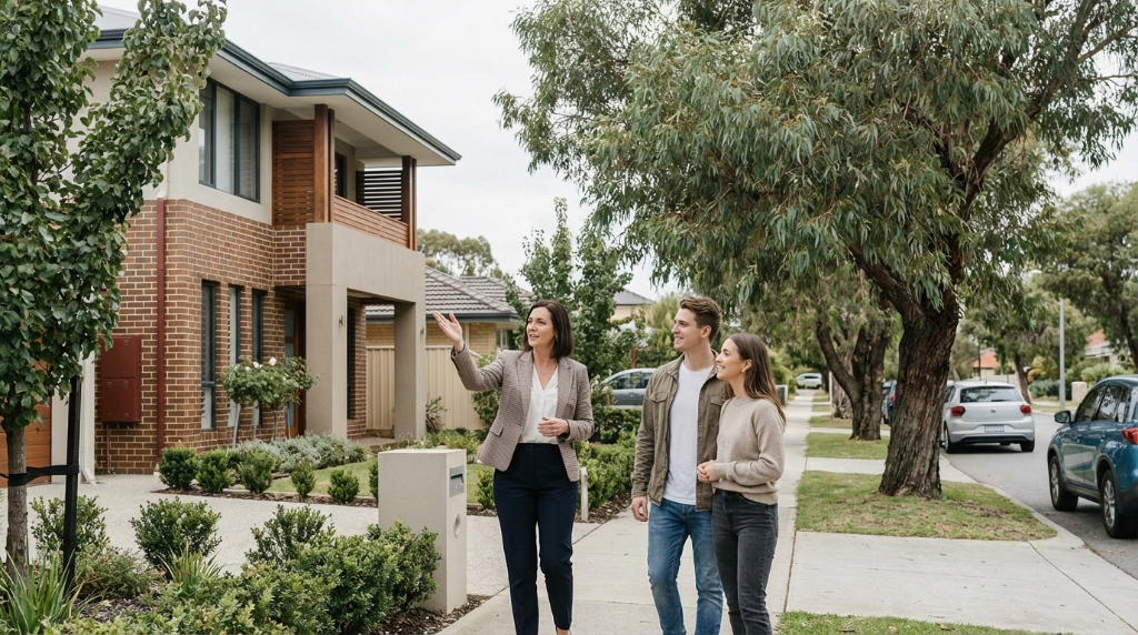 First home buyer couple reviewing property with buyers agent