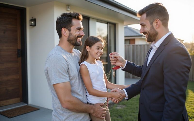 Happy family receiving keys to their new Perth home